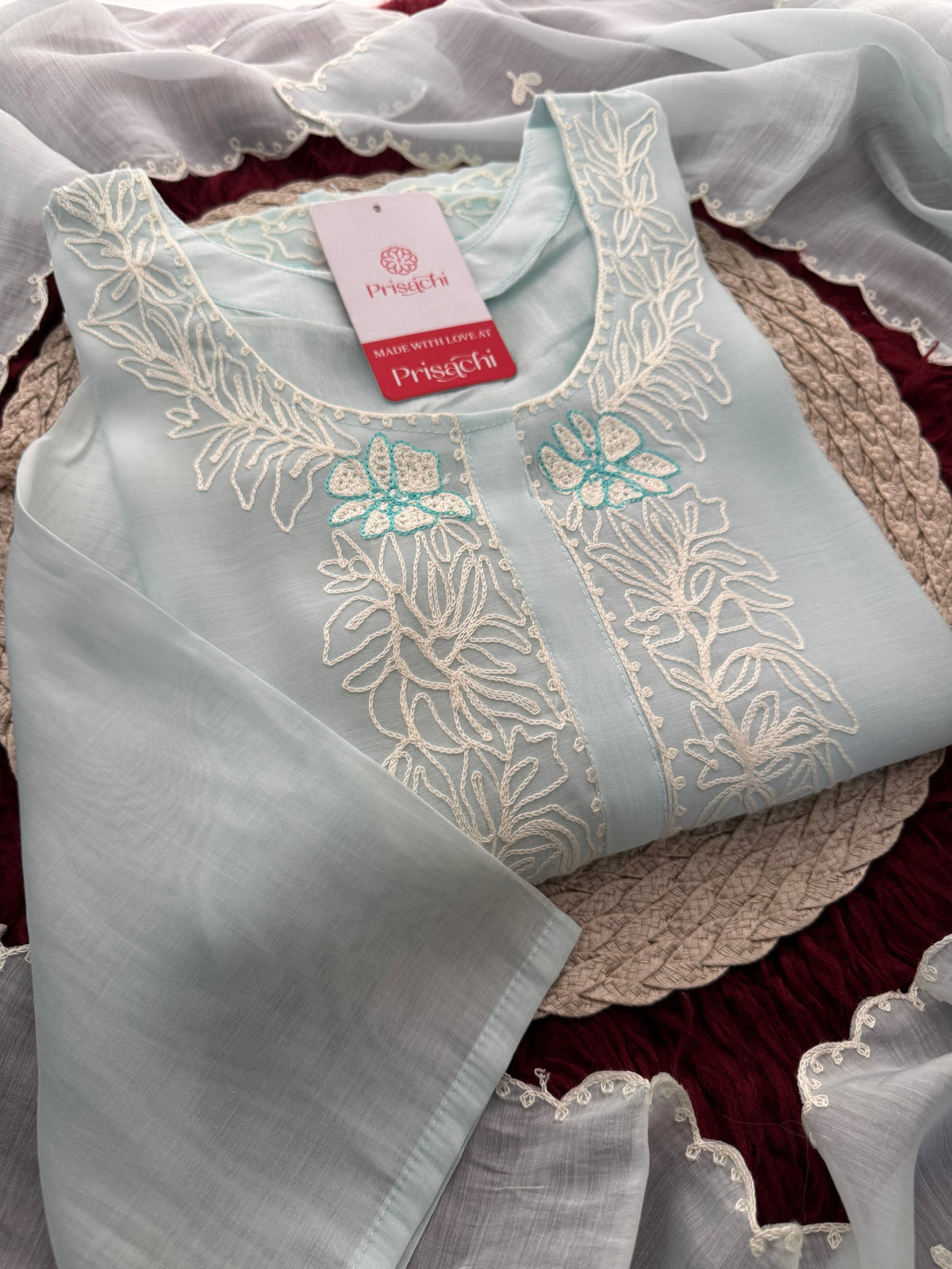 Blue Floral Thread Embroidered Ethnic Kurta Set with Pants and Dupatta | Traditional, Casual & Office Wear