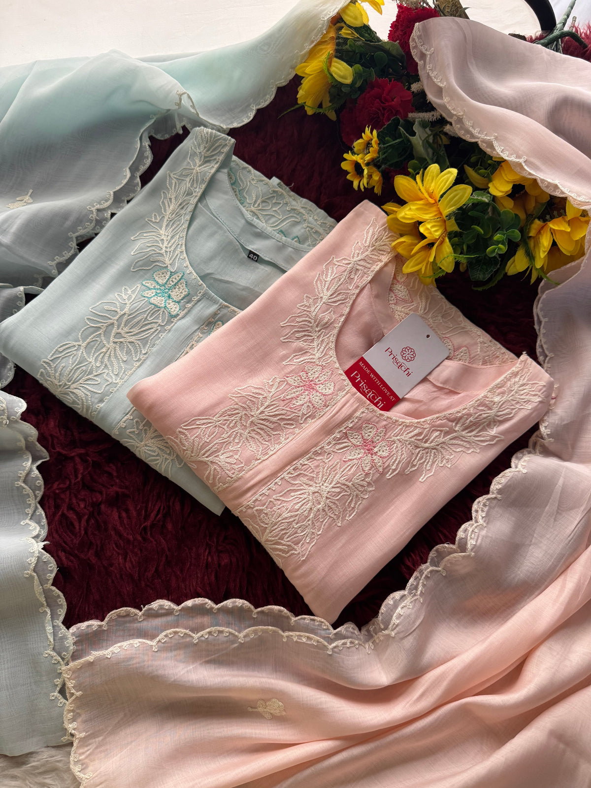 Elegant Floral Thread Embroidered Pastel Kurta Set with Pants and Dupatta | Festive, Casual & Office Wear