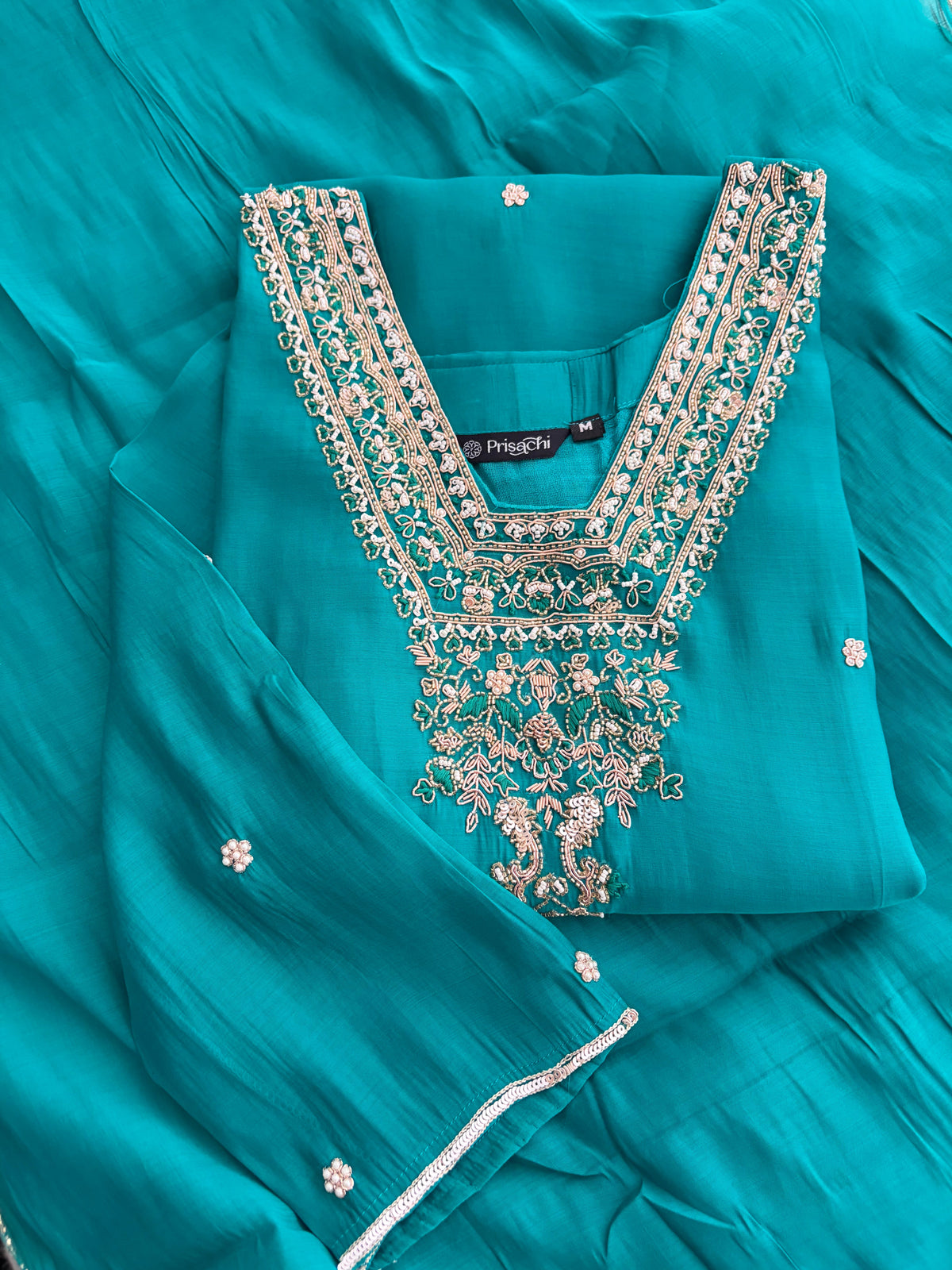 Peacock Green Embroidered Straight Kurta Set with Dupatta and Pants