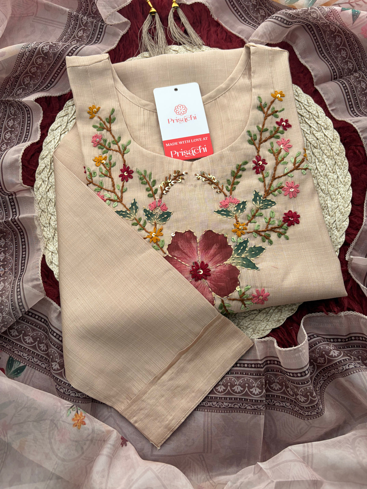 Beige Floral Multicolor Thread Embroidered Kurta for Women with Round Neck  Ethnic Wear for Festive & Party Wear