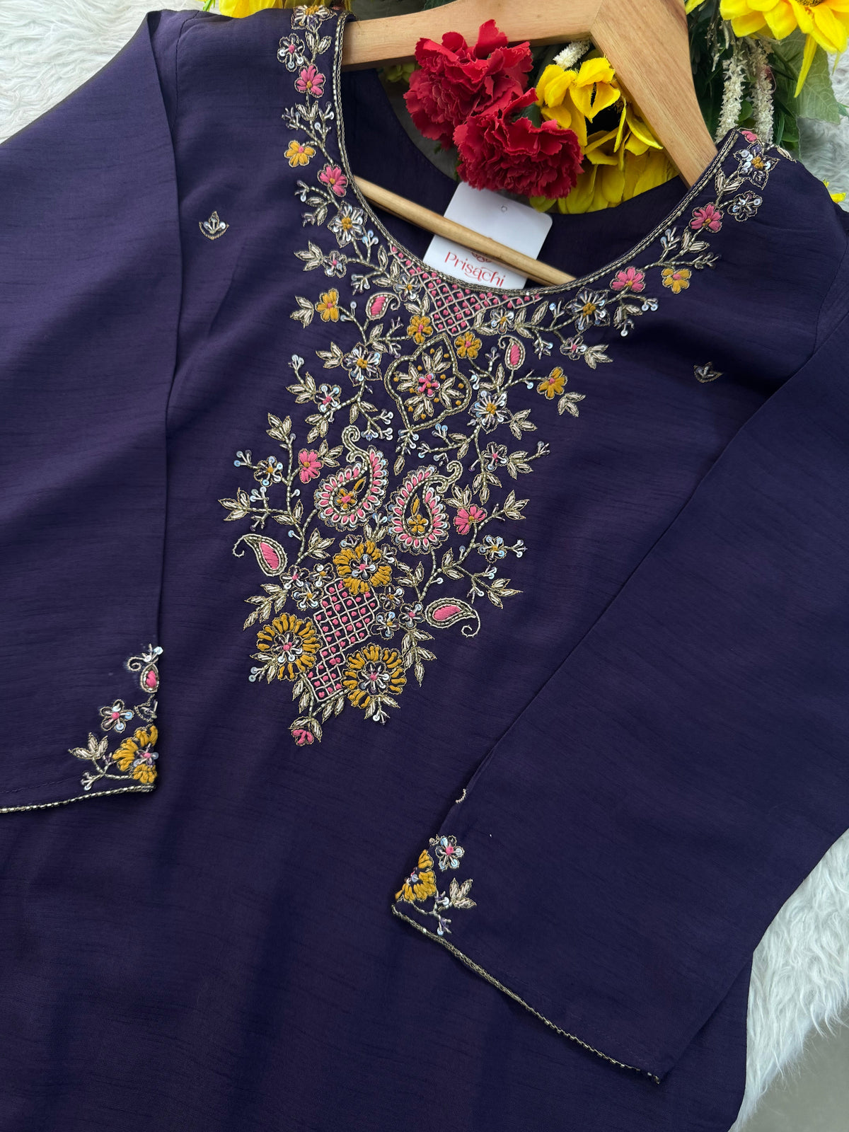 Deep Purple Designer Ethnic Embroidered Kurta Set with Banarasi Dupatta & Pants | Traditional Festive Wear