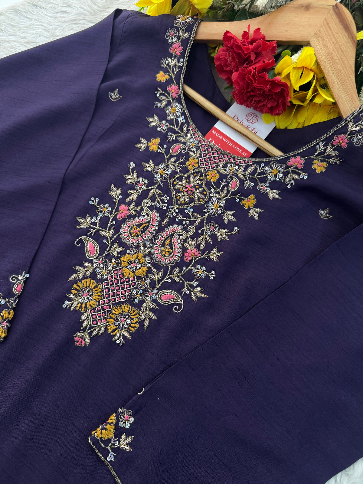 Deep Purple Designer Ethnic Embroidered Kurta Set with Banarasi Dupatta & Pants | Traditional Festive Wear