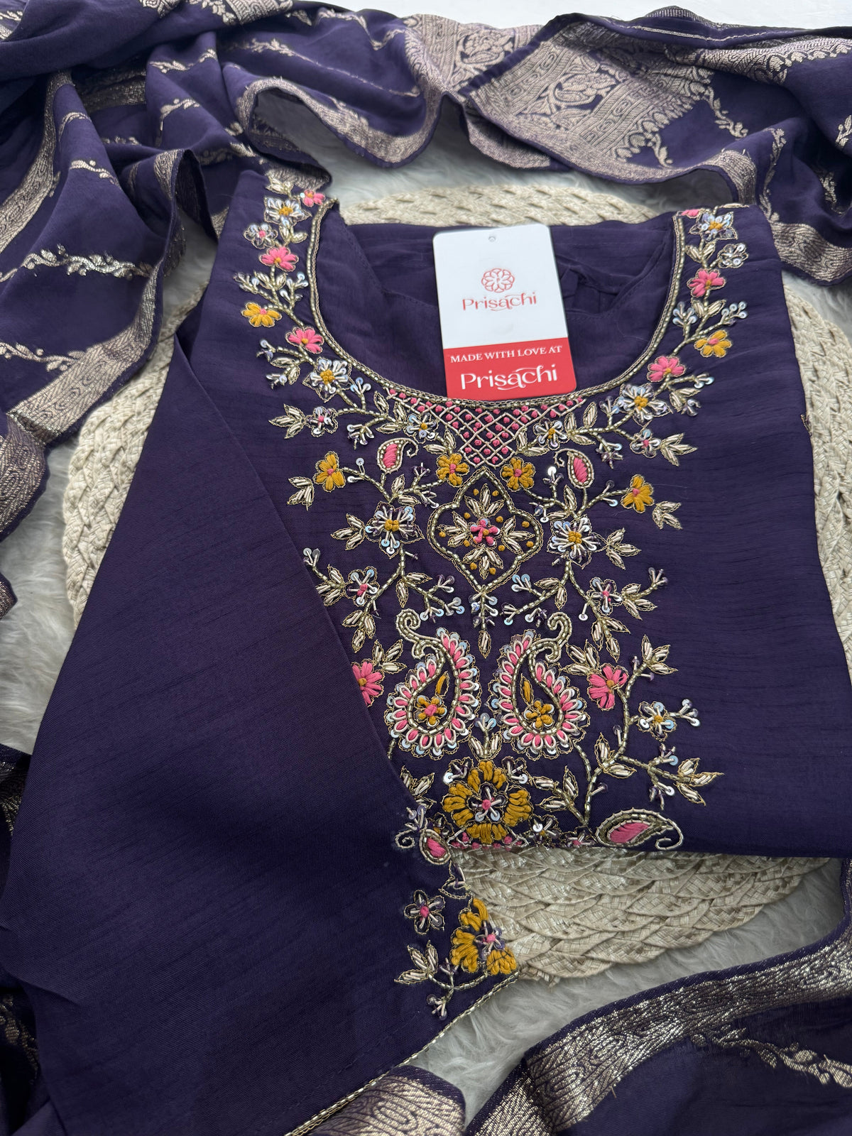 Deep Purple Designer Ethnic Embroidered Kurta Set with Banarasi Dupatta & Pants | Traditional Festive Wear