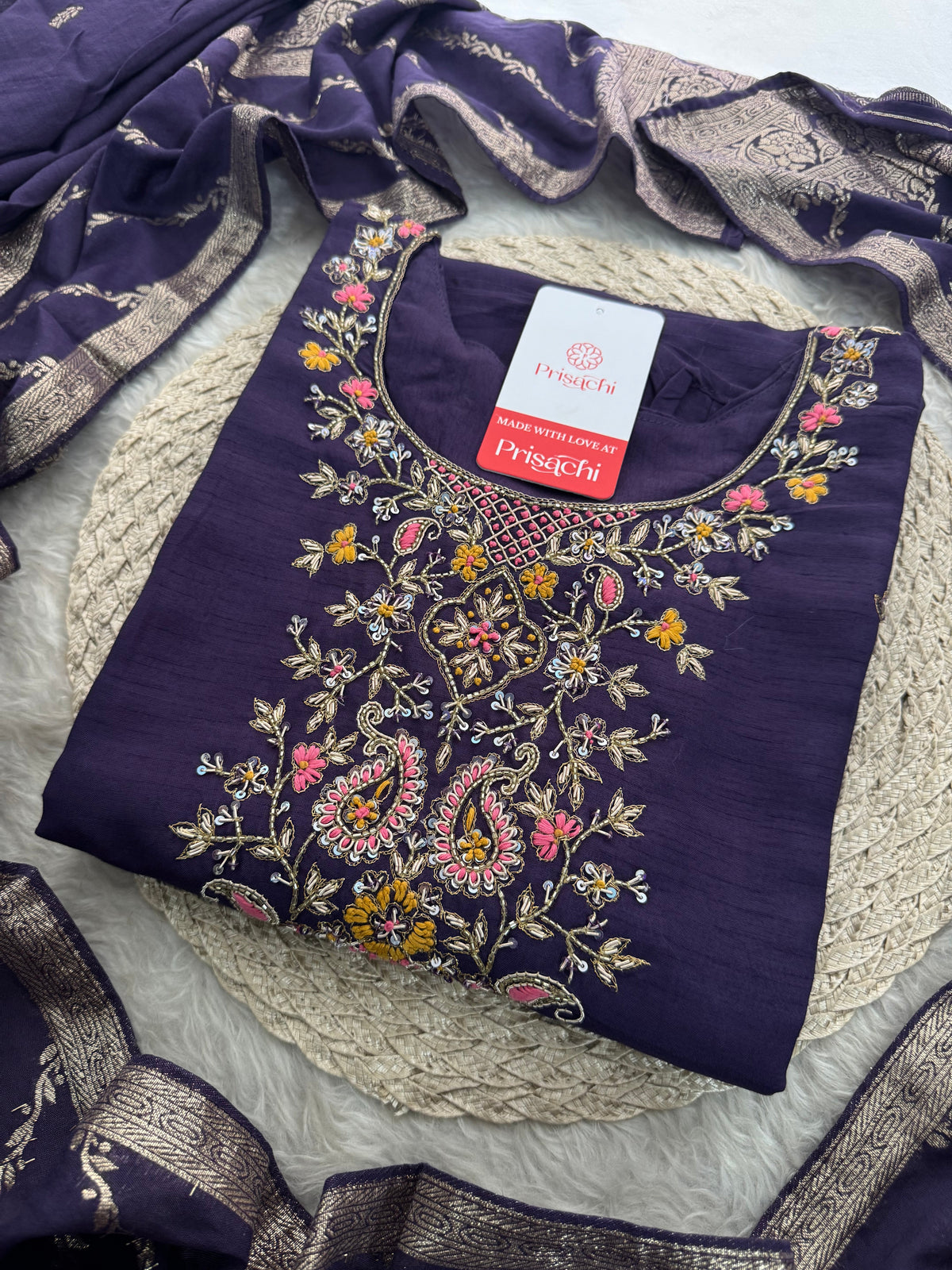 Deep Purple Designer Ethnic Embroidered Kurta Set with Banarasi Dupatta & Pants | Traditional Festive Wear