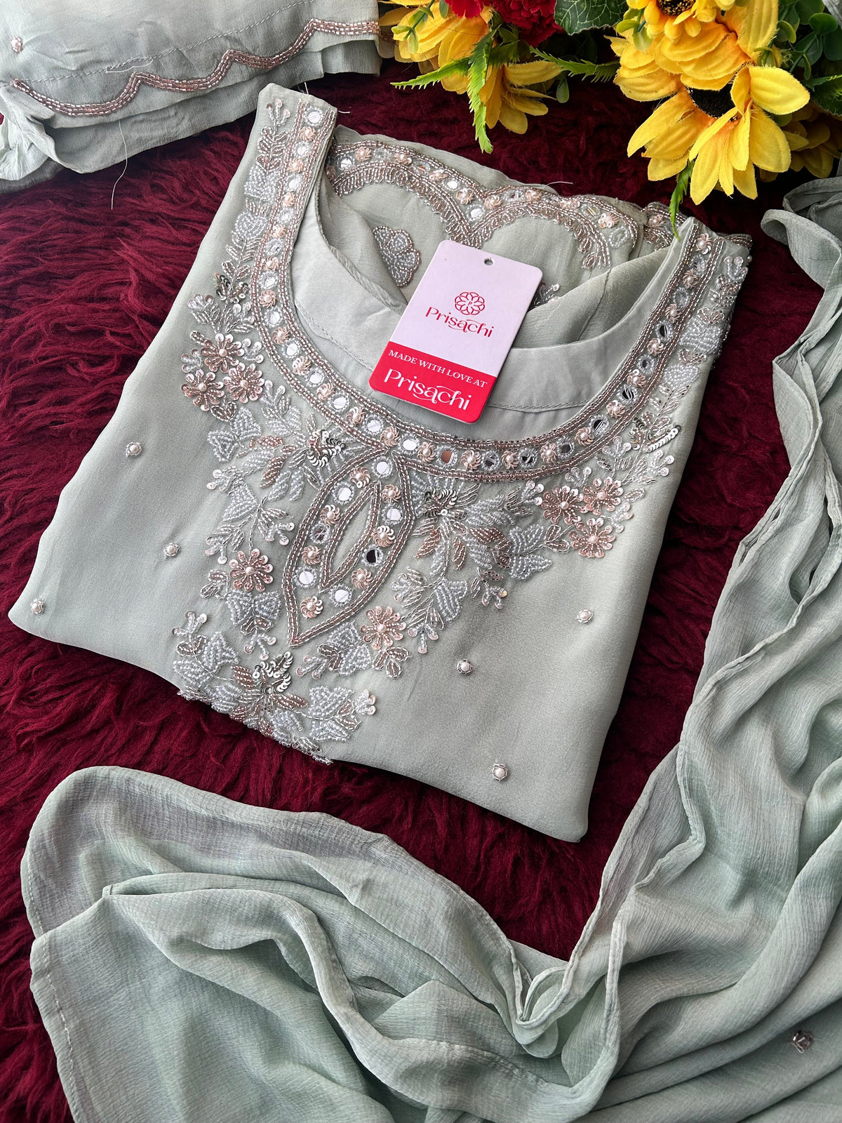 Green Zardozi Embroidered kurta set with Sharara Pants & Dupatta | Festive & Wedding wear