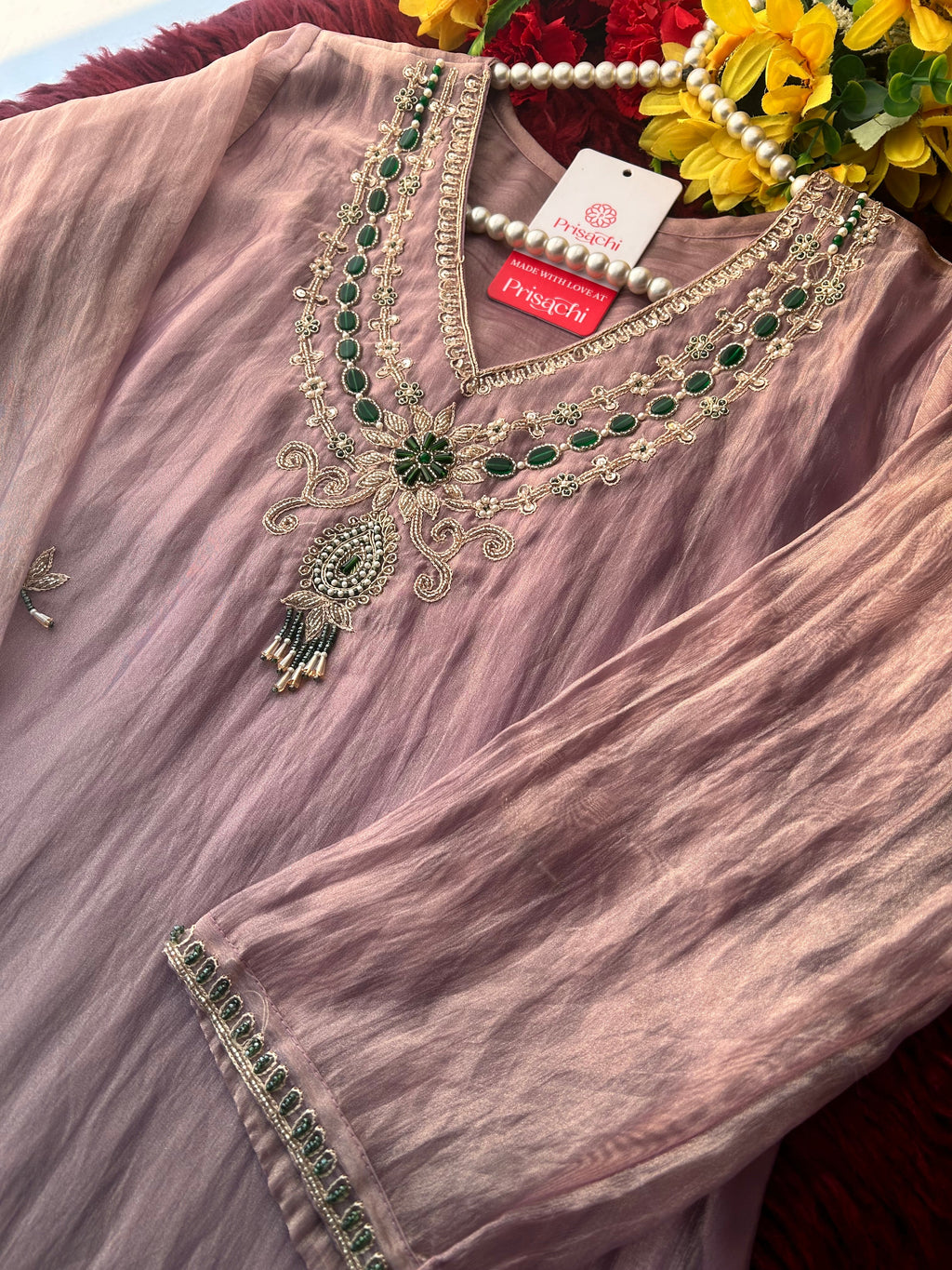 Mauve Zardozi Embroidered Ethnic A-Line Kurta Set With Palazzo Pants  | Festive & Party wear
