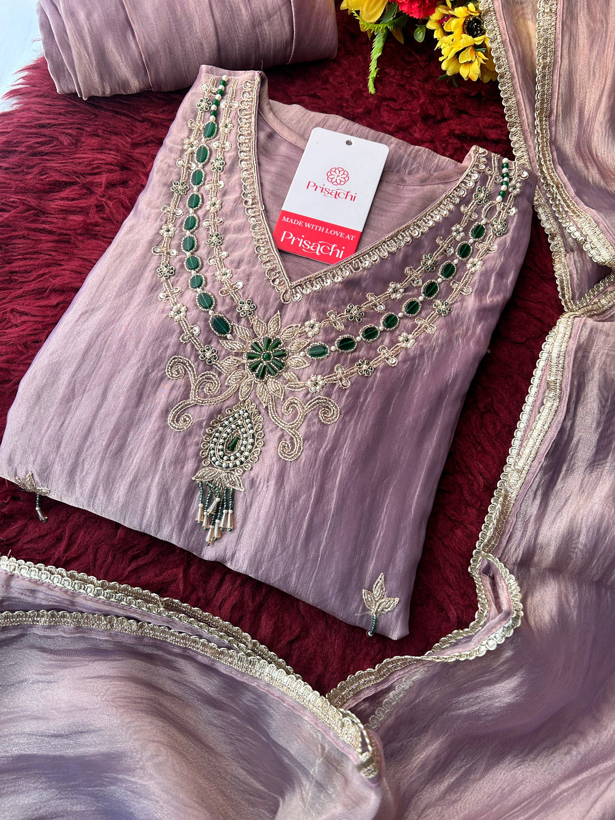 Mauve Zardozi Embroidered Ethnic A-Line Kurta Set With Palazzo Pants  | Festive & Party wear