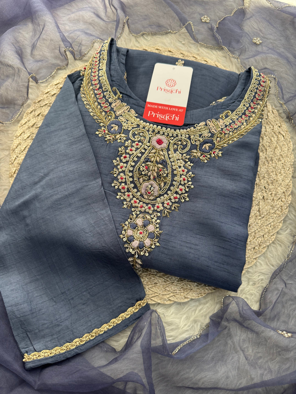 Designer Zardozi Embroidered Kurta Set with Pants & Dupatta for Women | Ethnic Festive & Wedding Wear