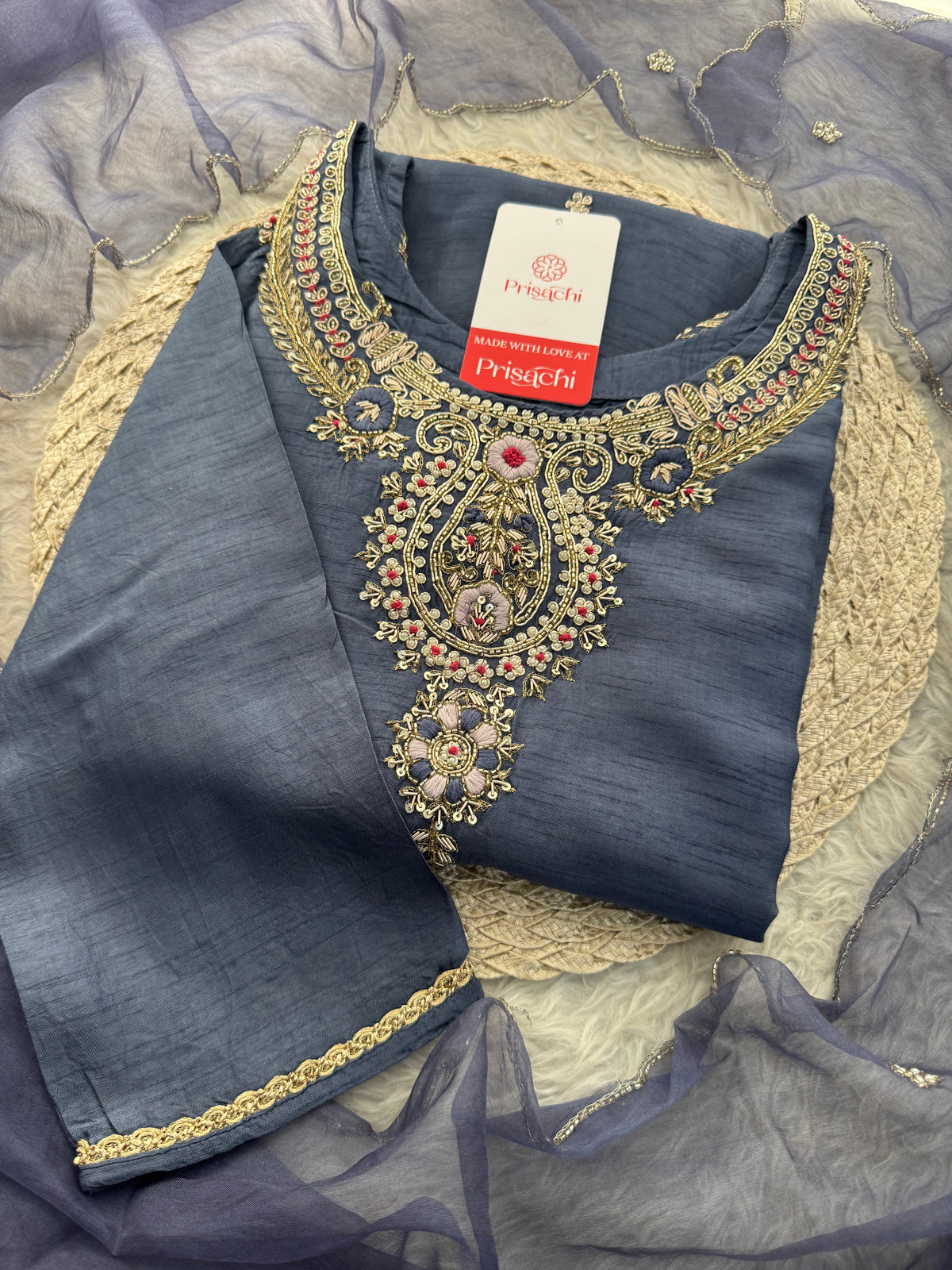 Designer Zardozi Embroidered Kurta Set with Pants & Dupatta for Women | Ethnic Festive & Wedding Wear