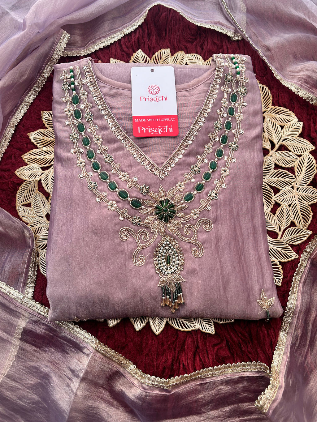 Mauve Zardozi Embroidered Ethnic A-Line Kurta Set With Palazzo Pants  | Festive & Party wear