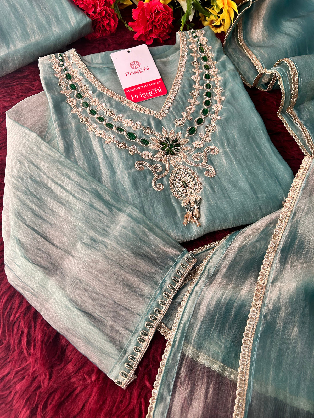 Pastel Blue Zardozi Embroidered Ethnic A-Line Kurta Set With Palazzo Pants  | Festive & Party wear