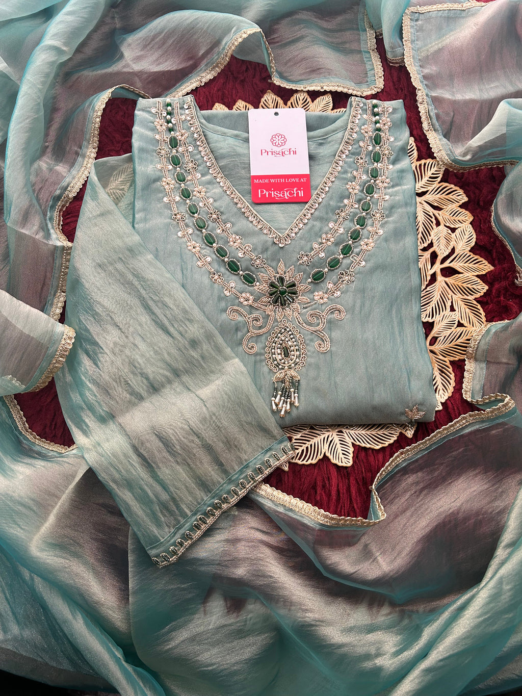 Pastel Blue Zardozi Embroidered Ethnic A-Line Kurta Set With Palazzo Pants  | Festive & Party wear