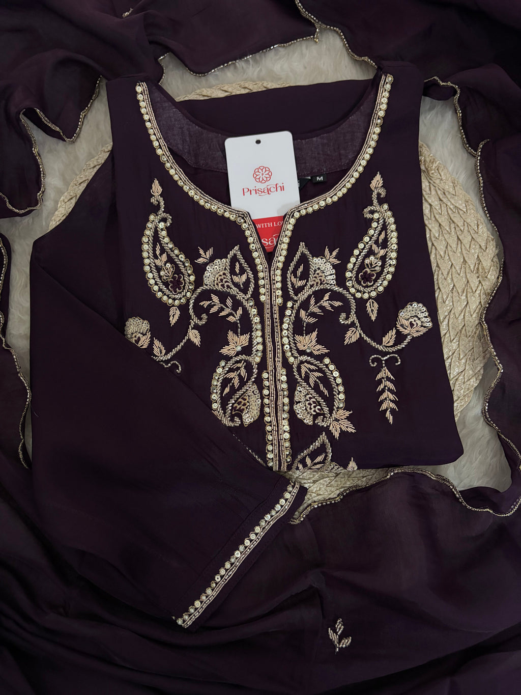 Deep Purple Embroidered Kurta Set With Pants & Dupatta For Women| Traditional, Festive & Party Wear