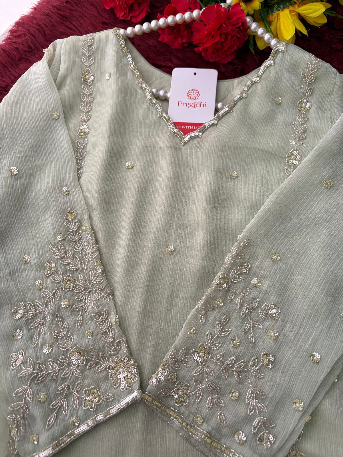 Mint Green Embroidered A-Line Ethnic Kurta Set with Dupatta & Pants