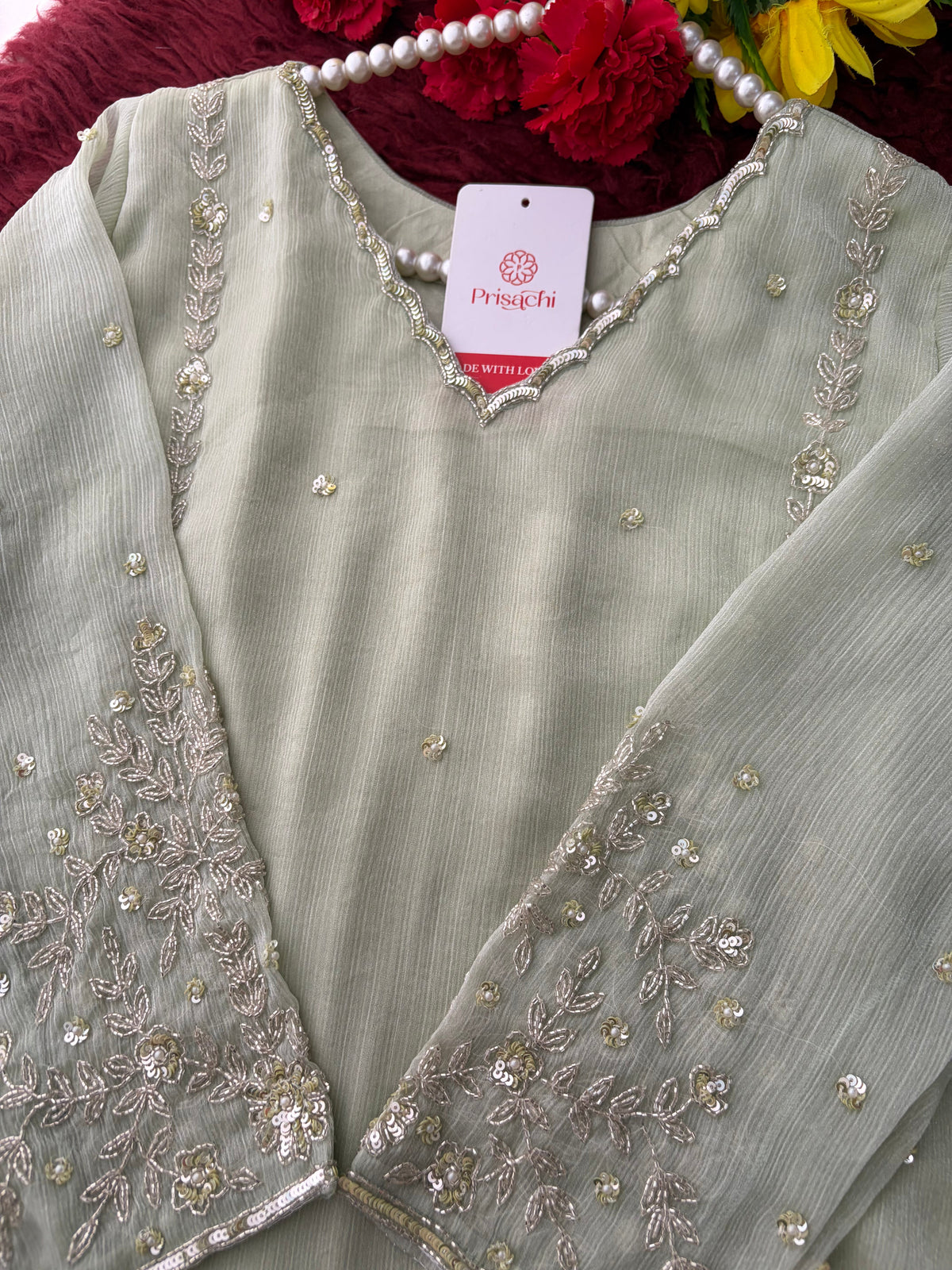 Mint Green Embroidered A-Line Ethnic Kurta Set with Dupatta & Pants