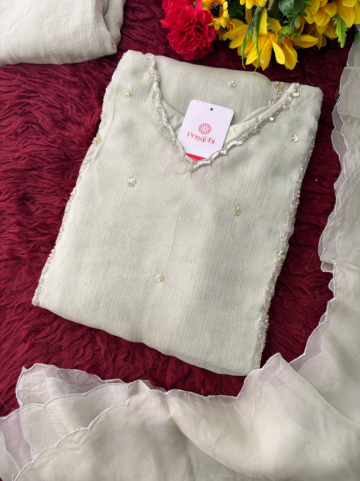 Mint Green Embroidered A-Line Ethnic Kurta Set with Dupatta & Pants