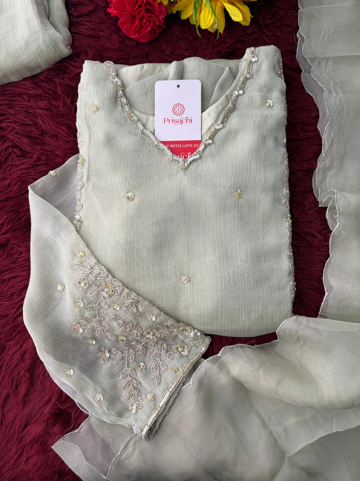 Mint Green Embroidered A-Line Ethnic Kurta Set with Dupatta & Pants