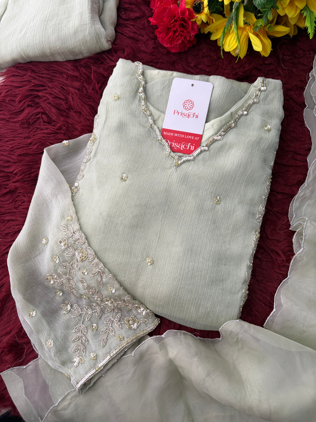 Mint Green Embroidered A-Line Ethnic Kurta Set with Dupatta & Pants