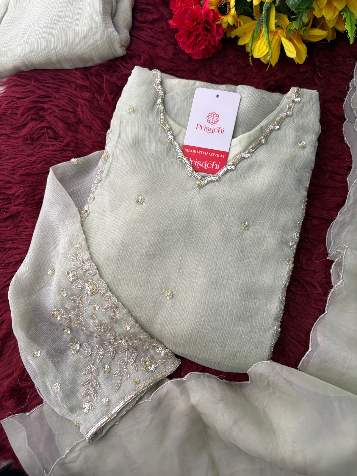 Mint Green Embroidered A-Line Ethnic Kurta Set with Dupatta & Pants