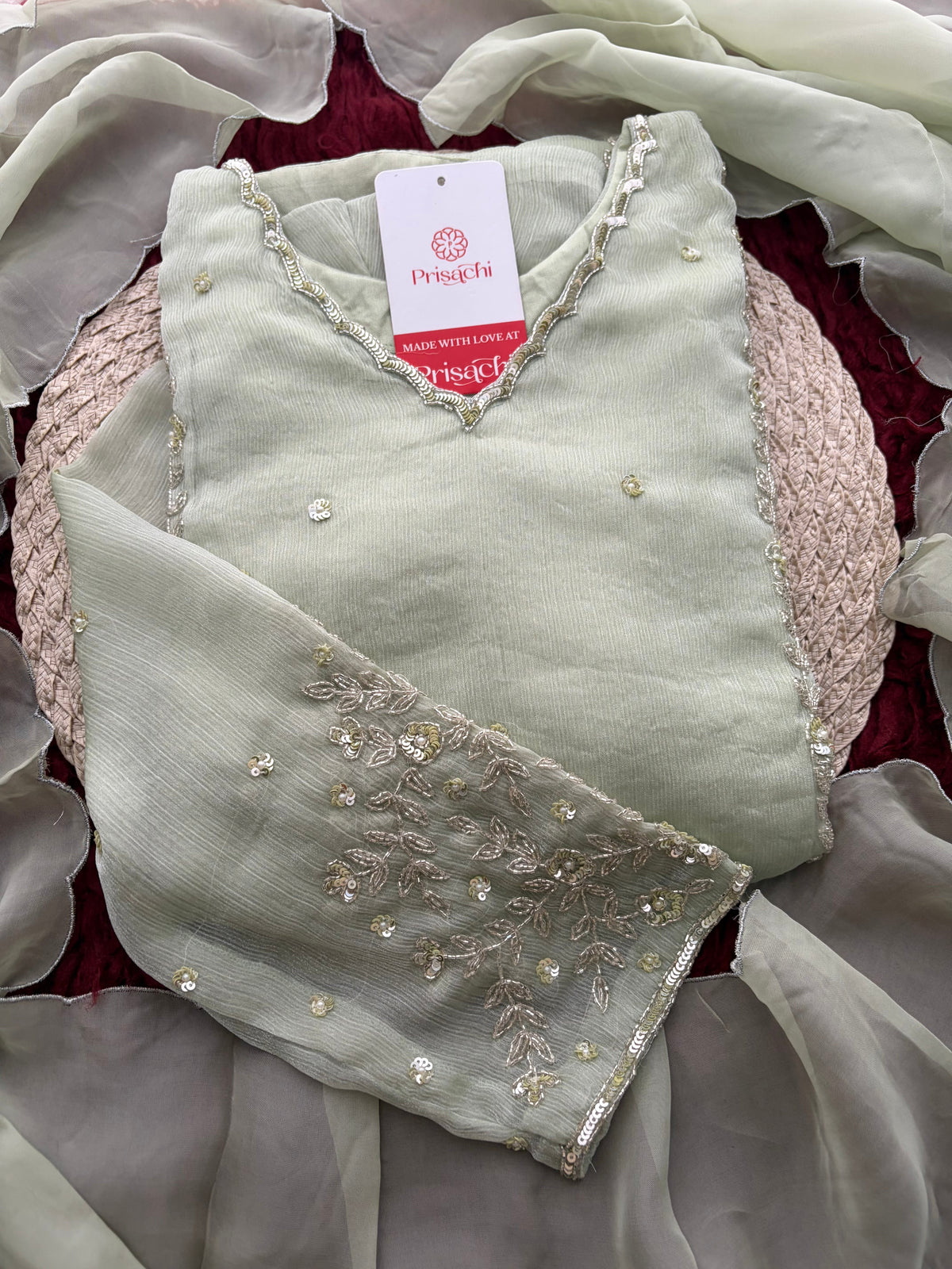 Mint Green Embroidered A-Line Ethnic Kurta Set with Dupatta & Pants