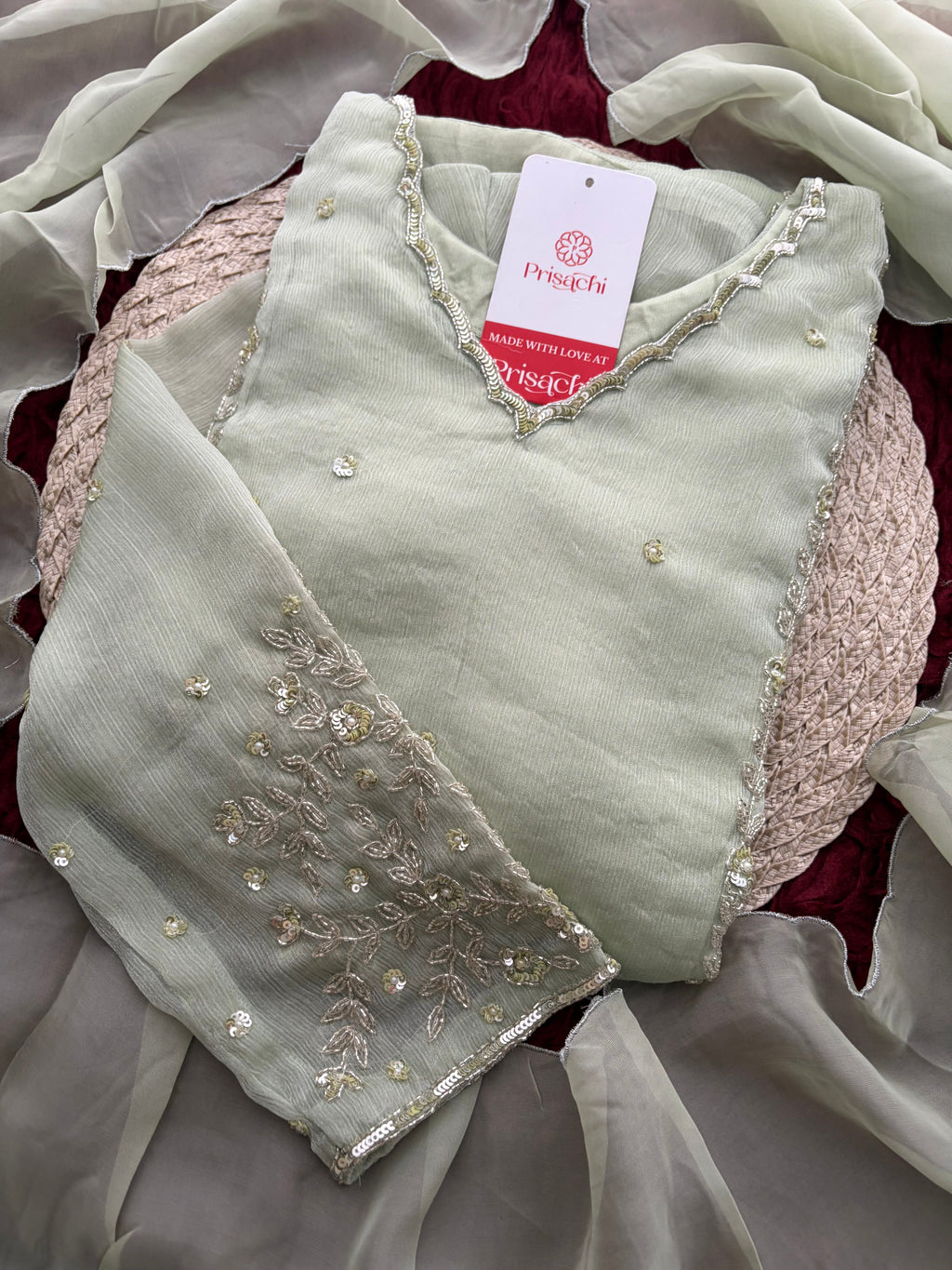 Mint Green Embroidered A-Line Ethnic Kurta Set with Dupatta & Pants
