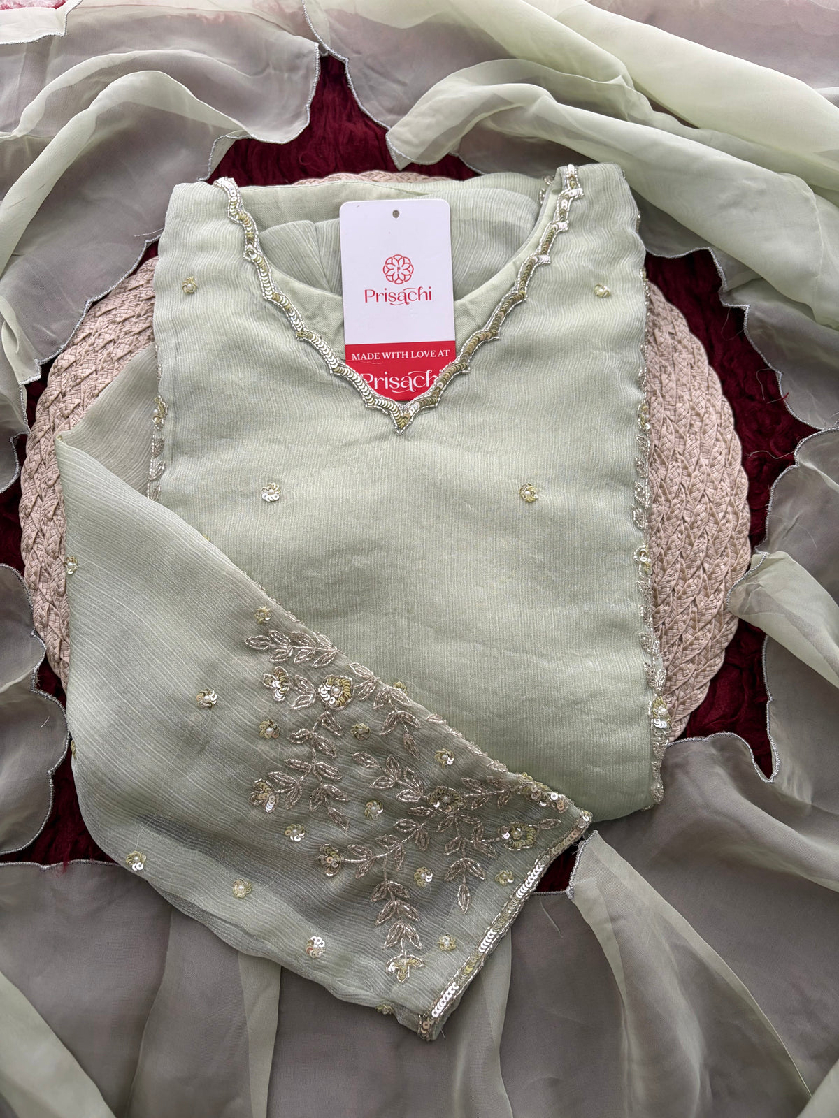 Mint Green Embroidered A-Line Ethnic Kurta Set with Dupatta & Pants