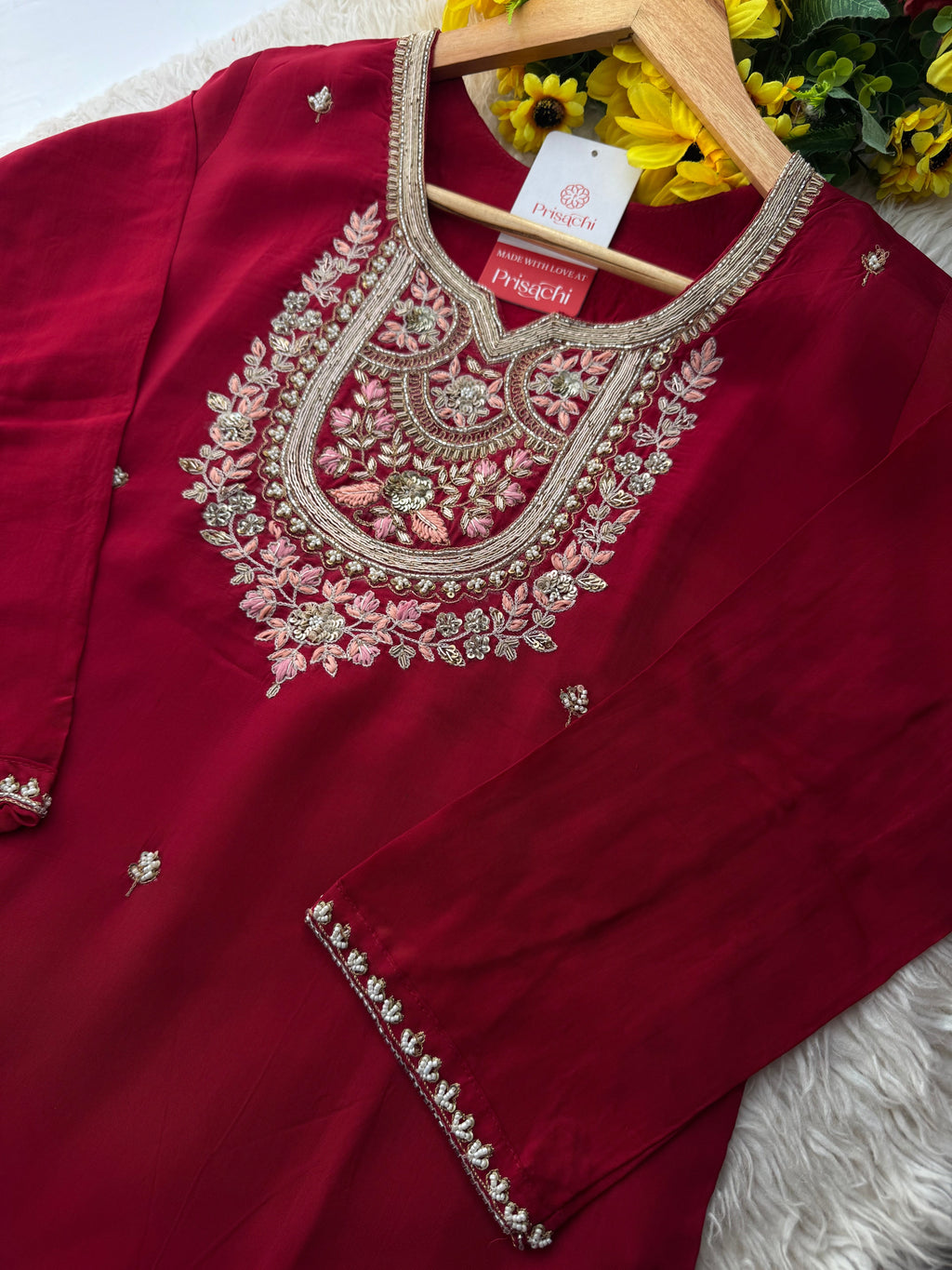 Maroon Designer Embroidered kurta set with pant and dupatta