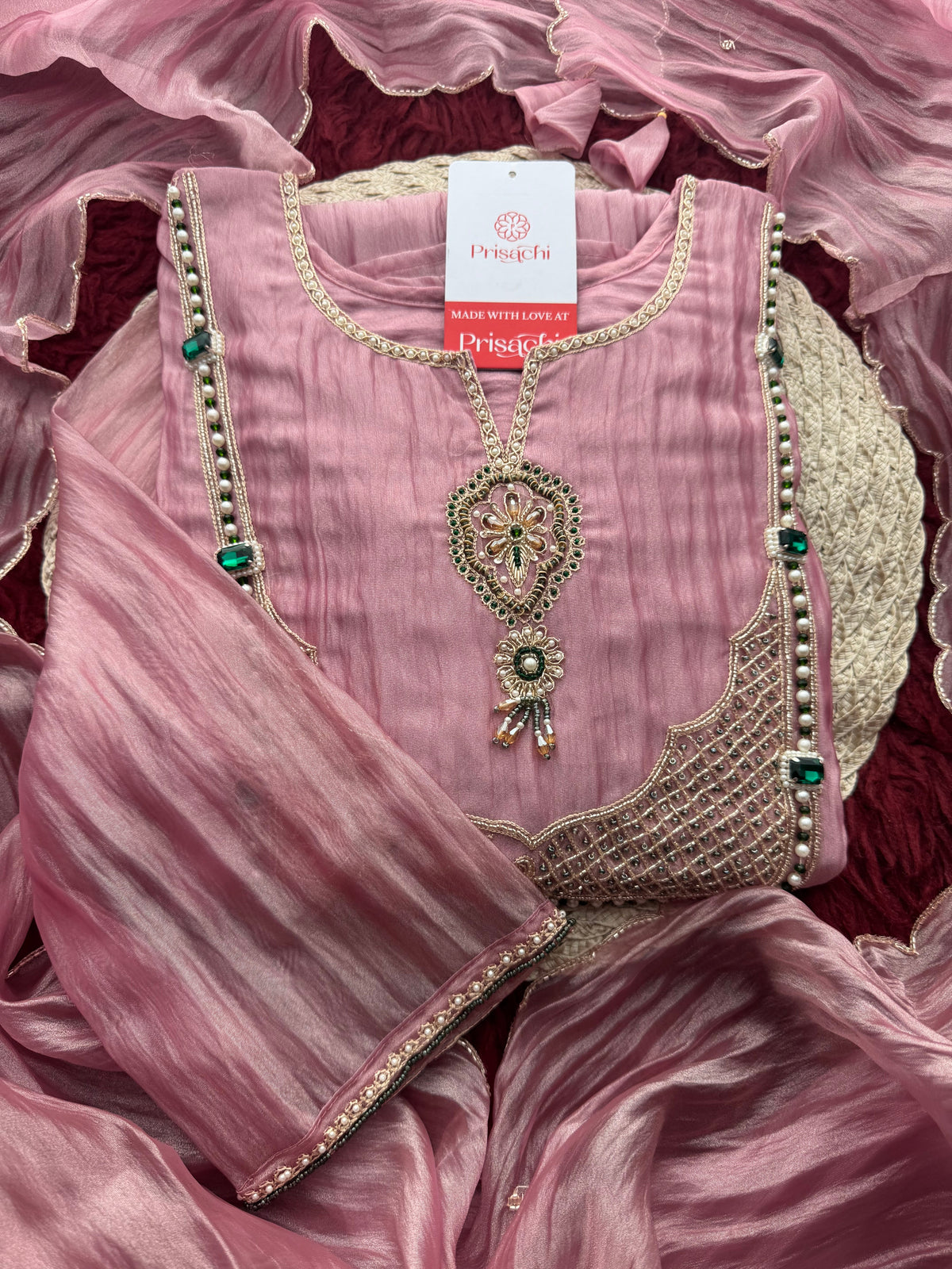 Pink Zardozi Embroidered Ethnic A-Line Kurta Set for Women with Pants & Dupatta