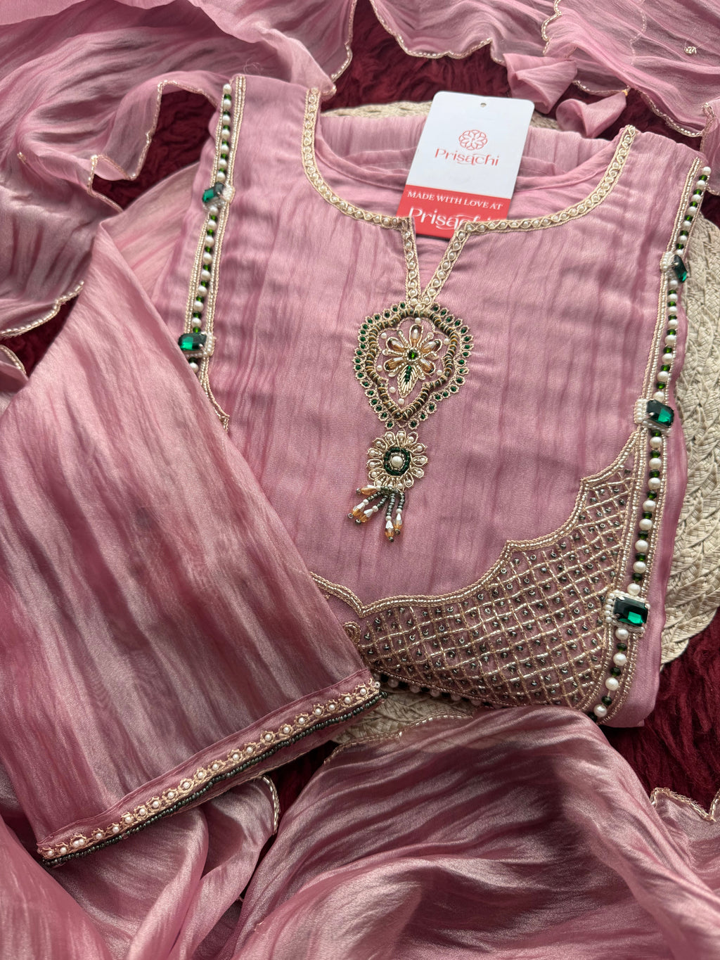 Pink Zardozi Embroidered Ethnic A-Line Kurta Set for Women with Pants & Dupatta