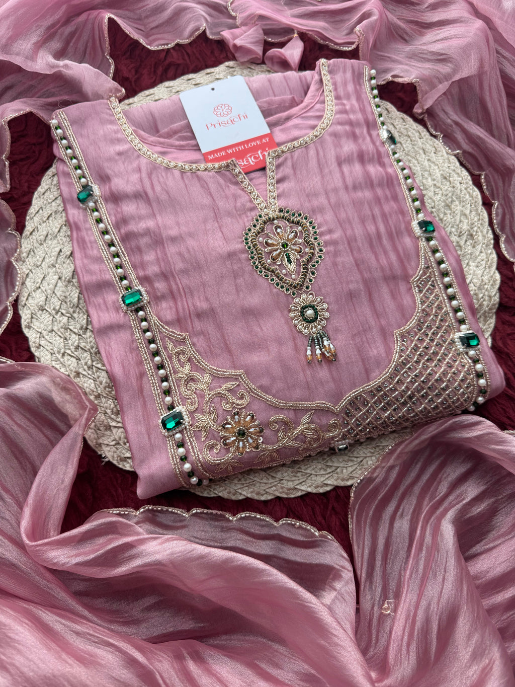 Pink Zardozi Embroidered Ethnic A-Line Kurta Set for Women with Pants & Dupatta