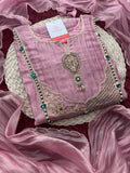 Pink Zardozi Embroidered Ethnic A-Line Kurta Set for Women with Pants & Dupatta