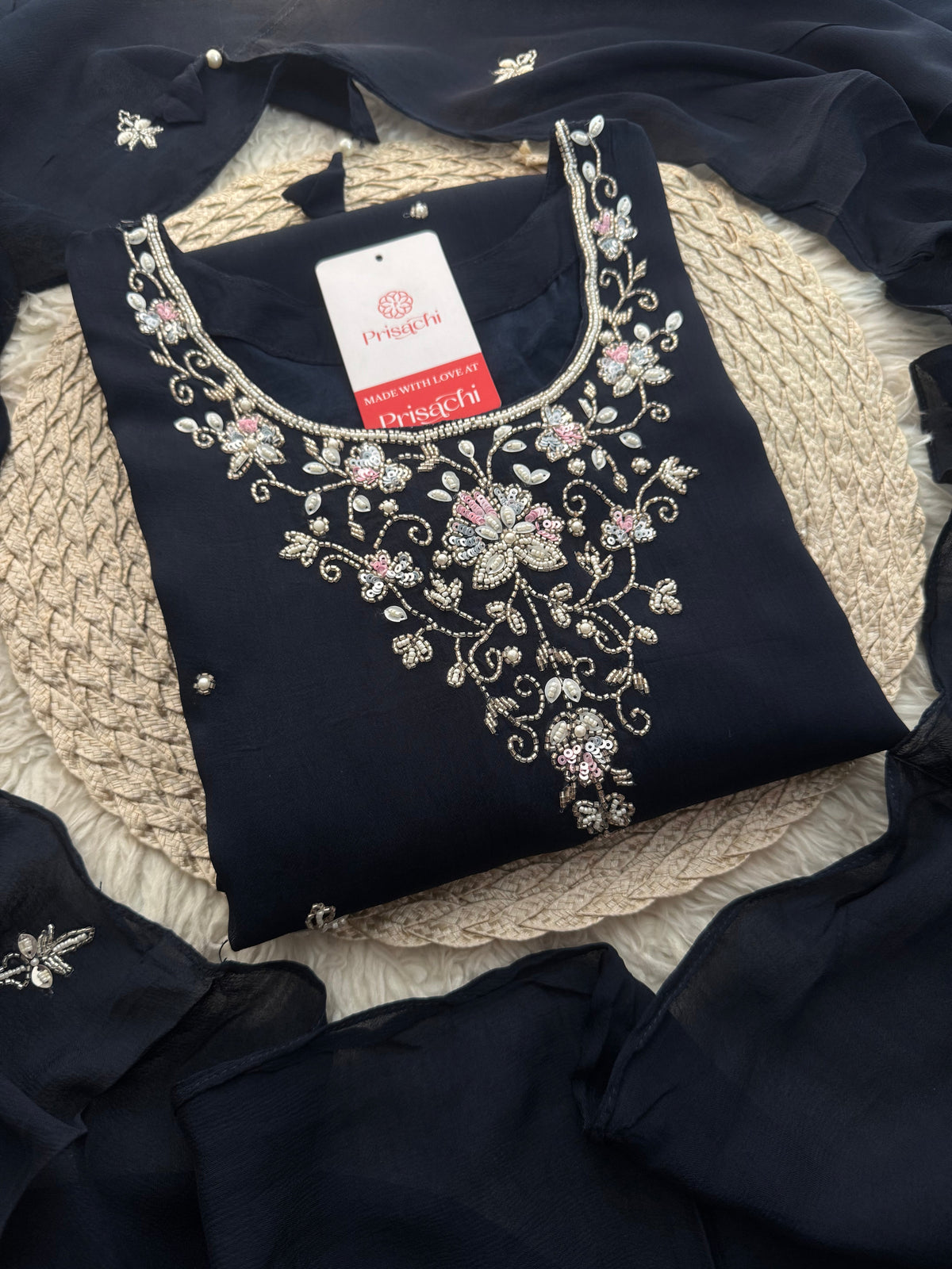 Navy Blue Embroidered Ethnic Kurti Sharara Set with Dupatta