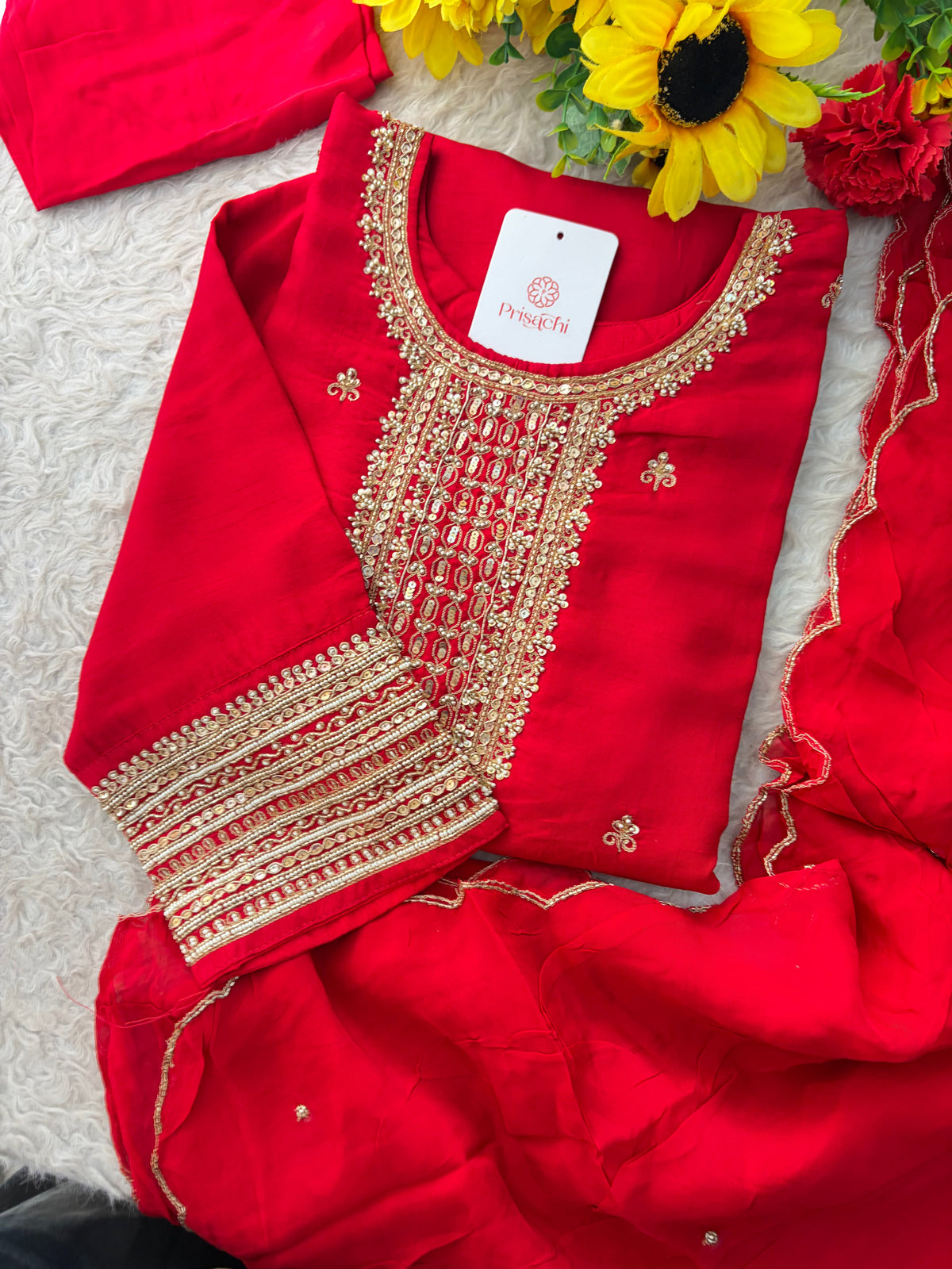 Red Zardozi Embroidered Kurta Set with Dupatta & Palazzo Pants | Festive & Ethnic Wear