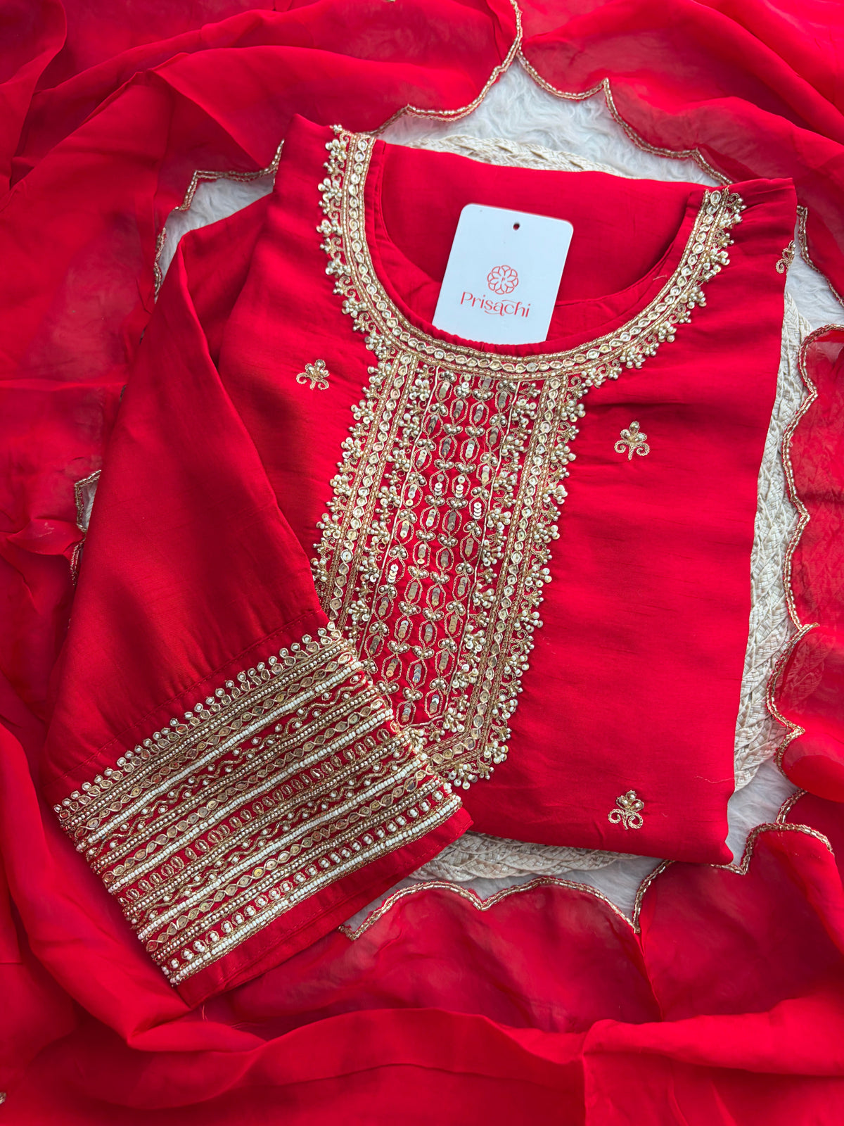 Red Zardozi Embroidered Kurta Set with Dupatta & Palazzo Pants | Festive & Ethnic Wear