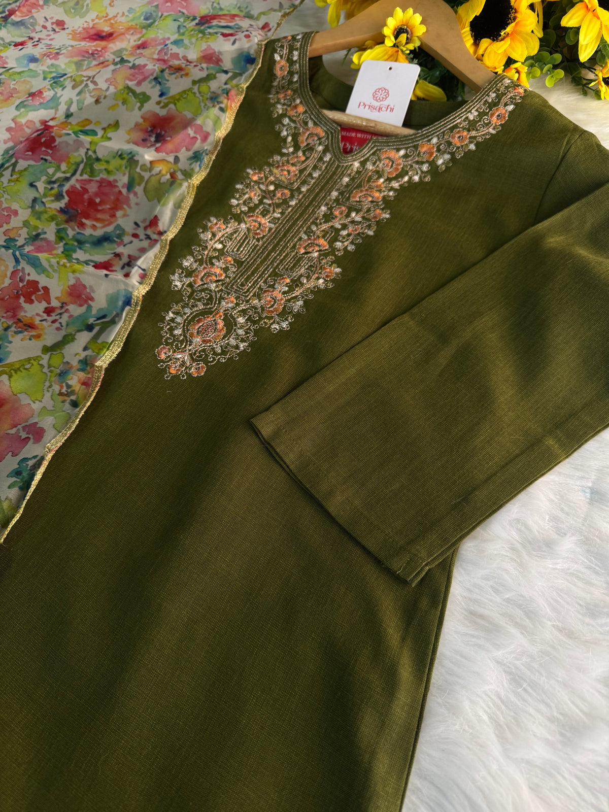 Green Designer Embroidered Kurta set with Pant and Dupatta