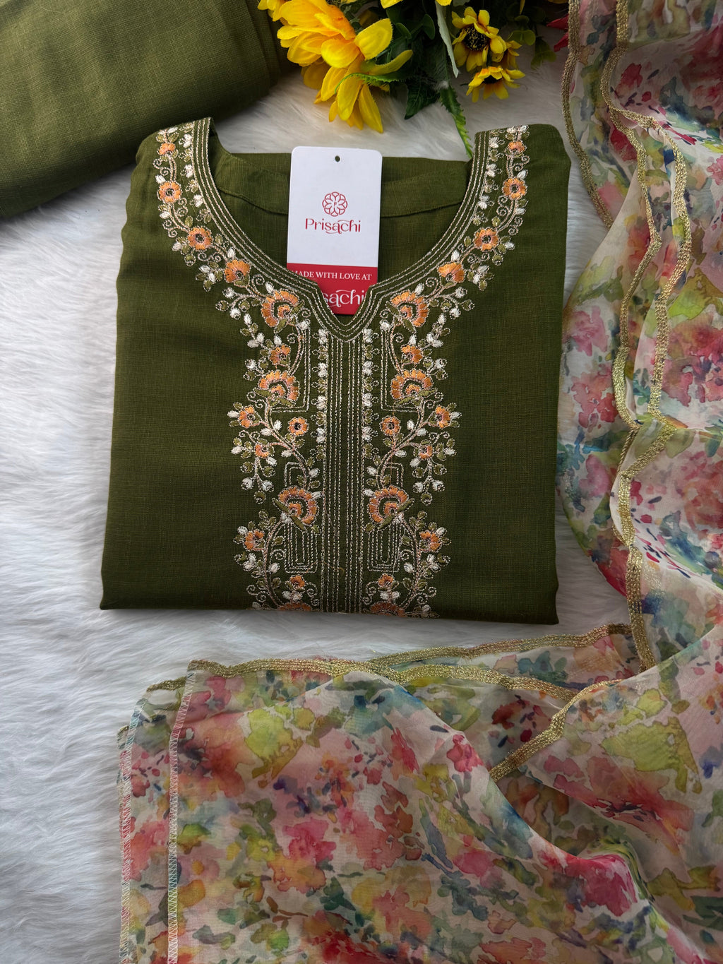 Green Designer Embroidered Kurta set with Pant and Dupatta