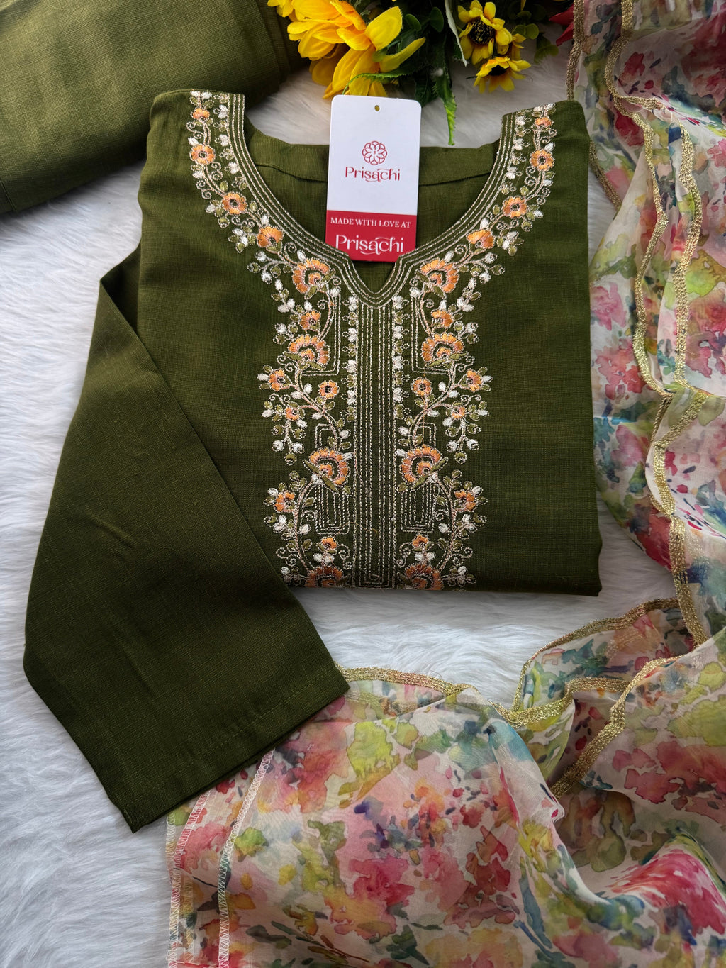 Green Designer Embroidered Kurta set with Pant and Dupatta