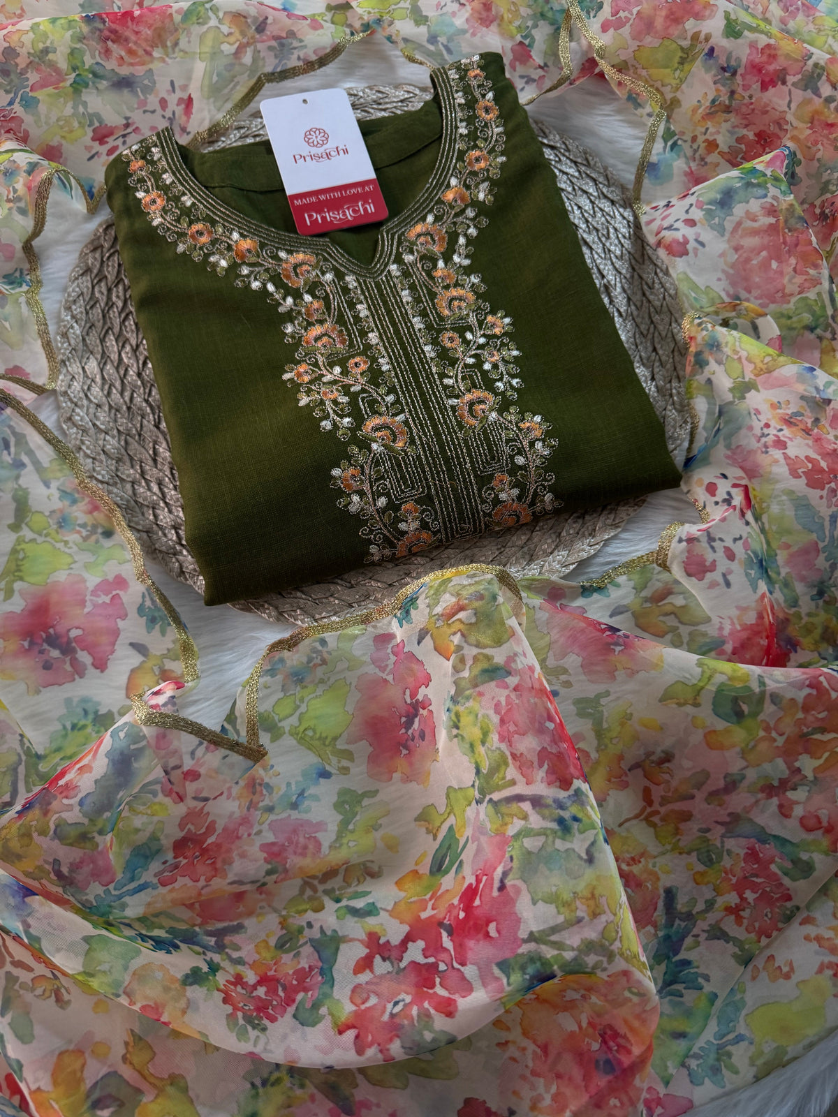 Green Designer Embroidered Kurta set with Pant and Dupatta