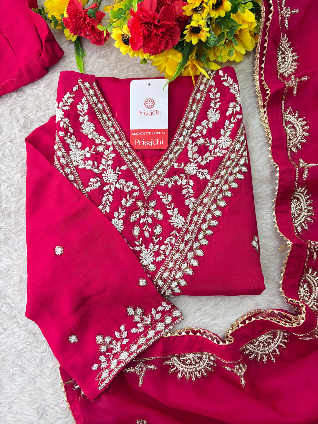 Pink Designer Embroidered Ethnic Kurta Set with Straight Pants & Dupatta