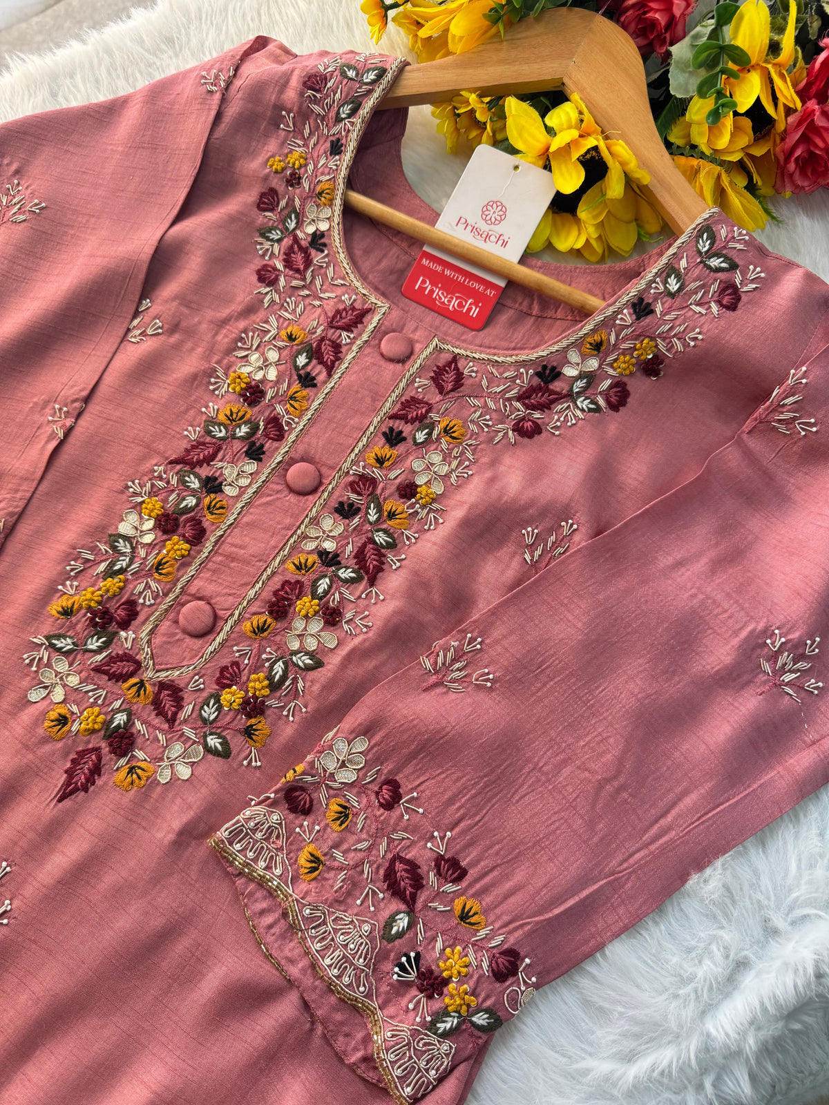 Onion Pink Hand-Embroidered Designer Kurta Set with Pant & Dupatta