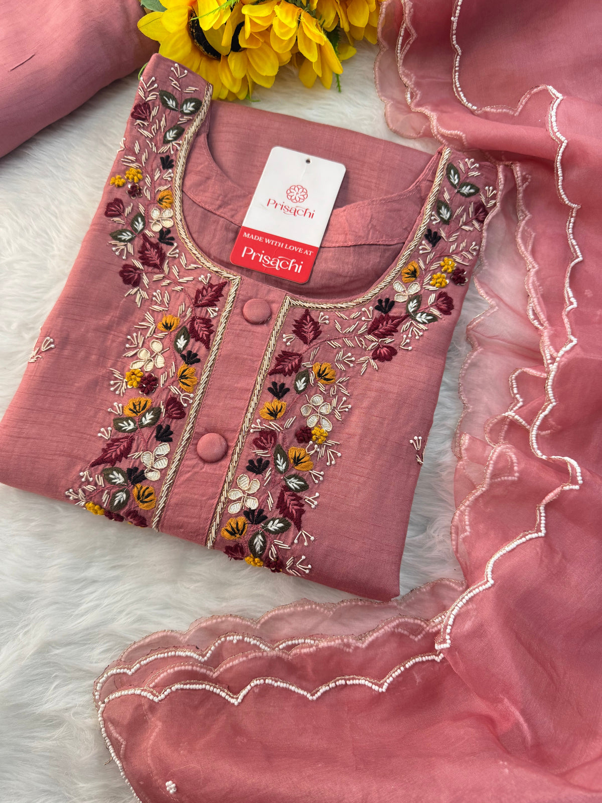 Onion Pink Hand-Embroidered Designer Kurta Set with Pant & Dupatta