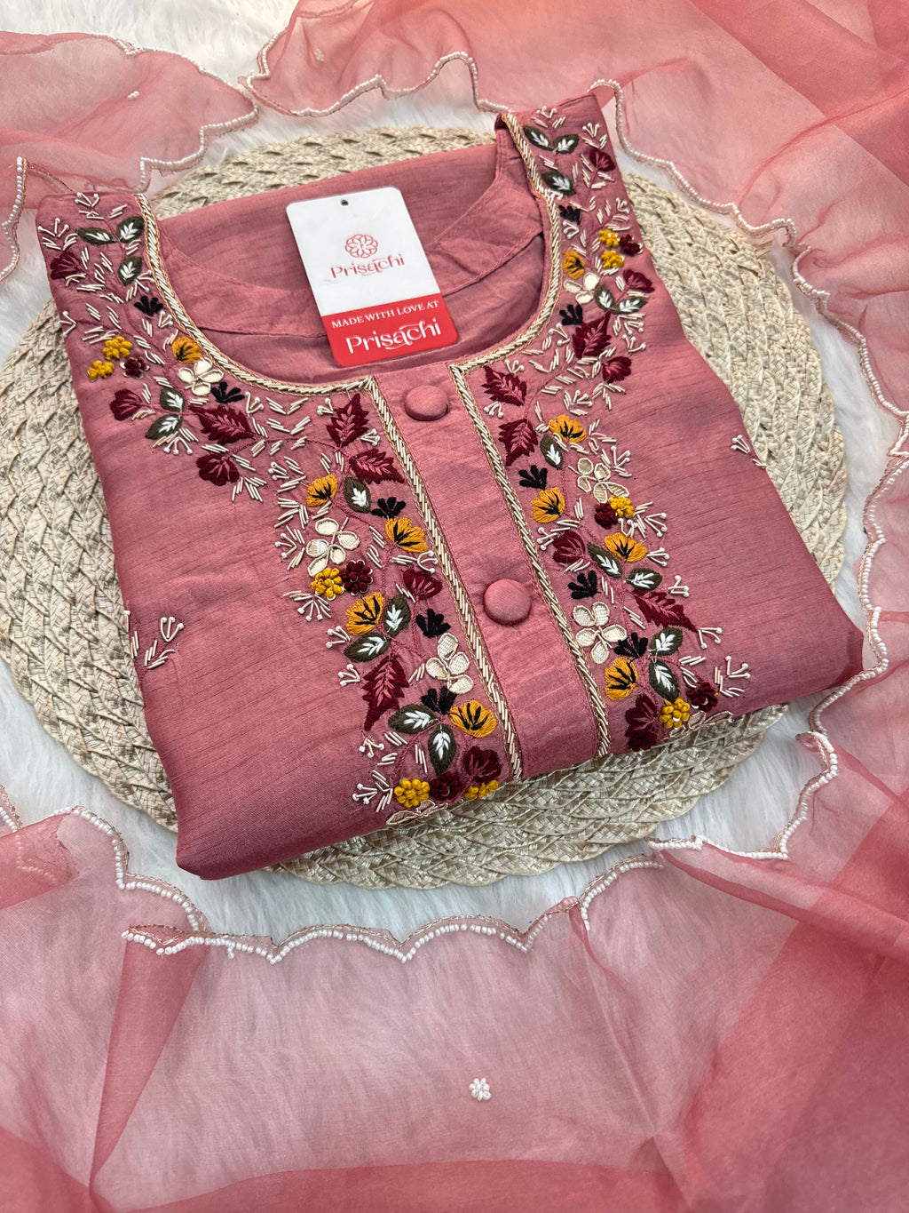 Onion Pink Hand-Embroidered Designer Kurta Set with Pant & Dupatta