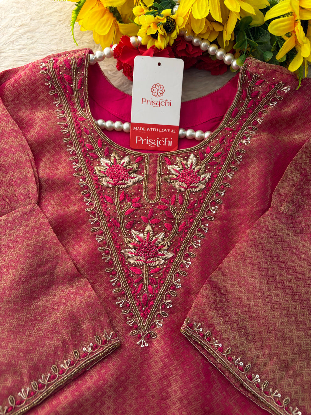 Magenta Pink Yoke Embroidered A-line Kurta Pant Set with a Dupatta for Women .