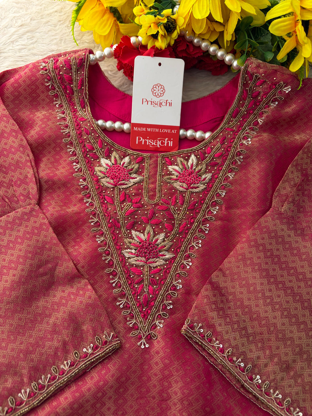 Magenta Pink Yoke Embroidered A-line Kurta Pant Set with a Dupatta for Women .