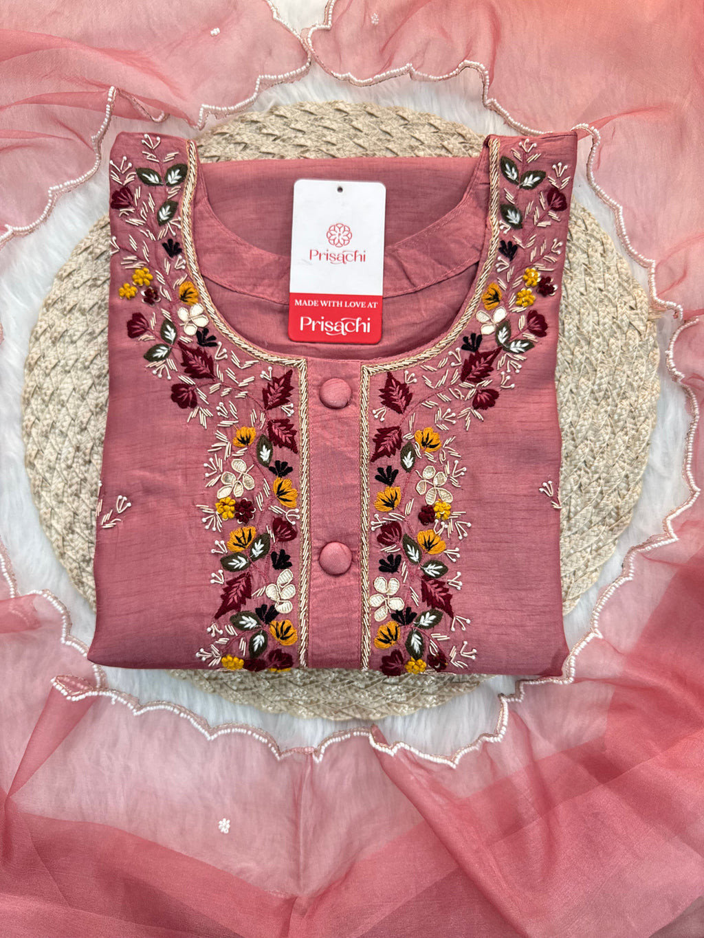 Onion Pink Hand-Embroidered Designer Kurta Set with Pant & Dupatta