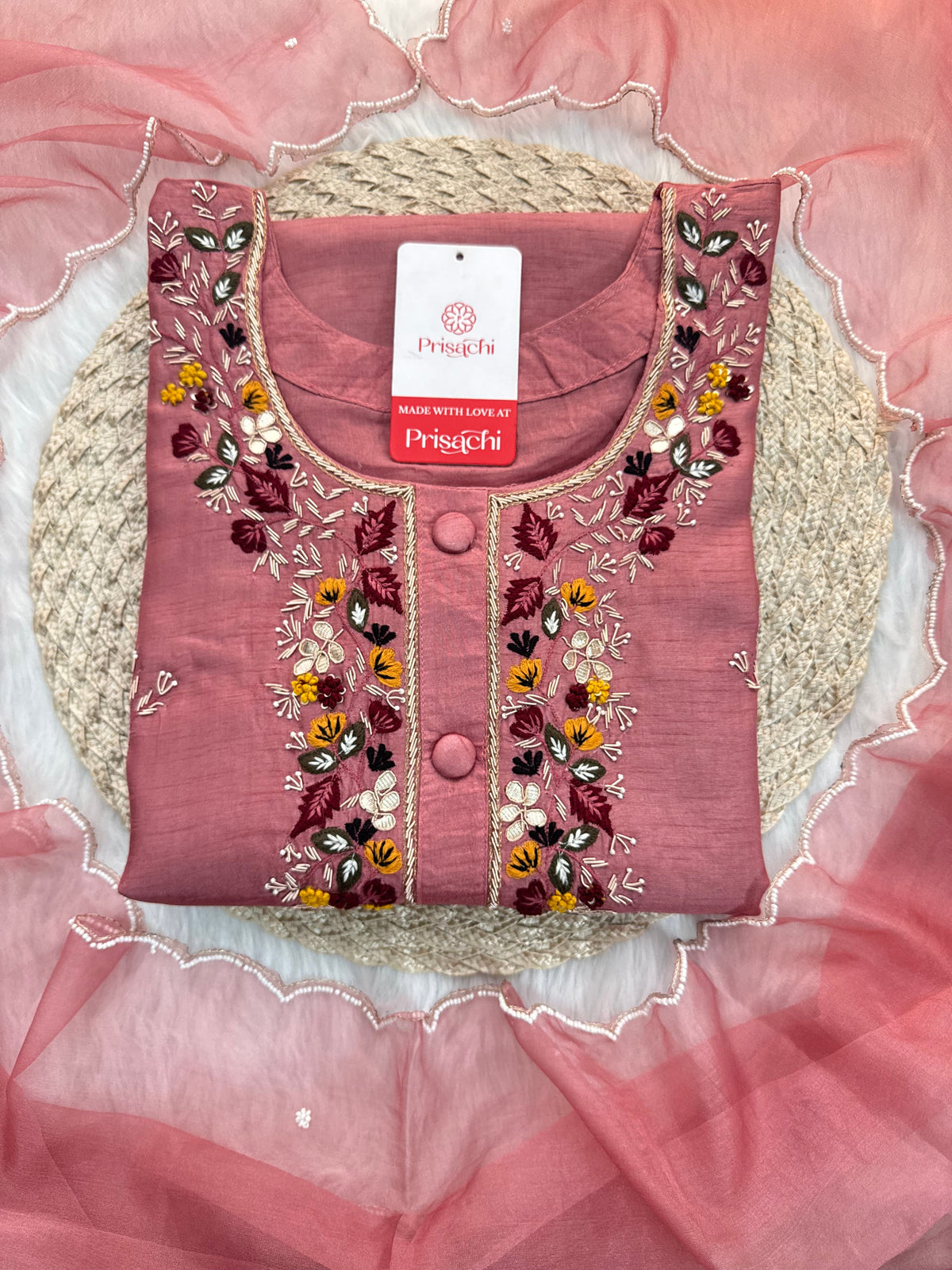 Onion Pink Hand-Embroidered Designer Kurta Set with Pant & Dupatta