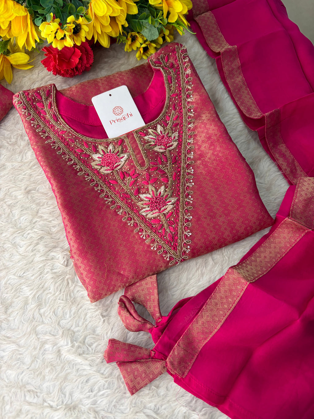 Magenta Pink Yoke Embroidered A-line Kurta Pant Set with a Dupatta for Women .