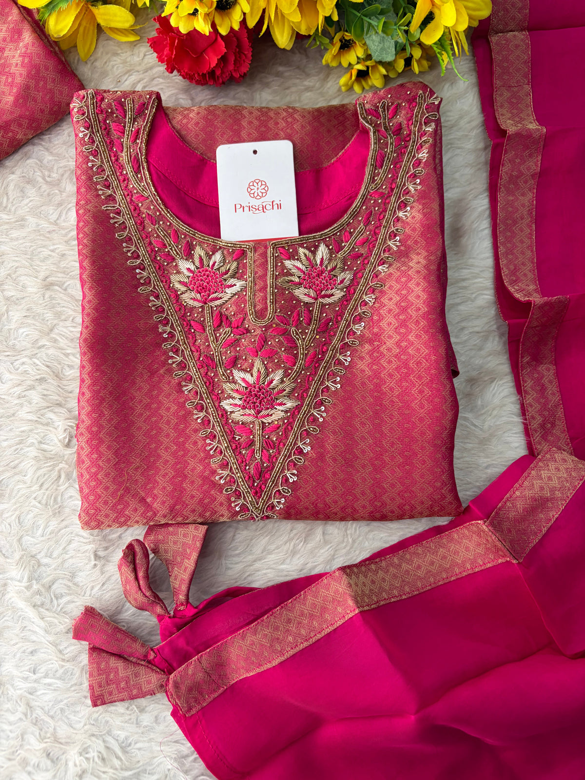 Magenta Pink Yoke Embroidered A-line Kurta Pant Set with a Dupatta for Women .