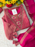 Magenta Pink Yoke Embroidered A-line Kurta Pant Set with a Dupatta for Women .