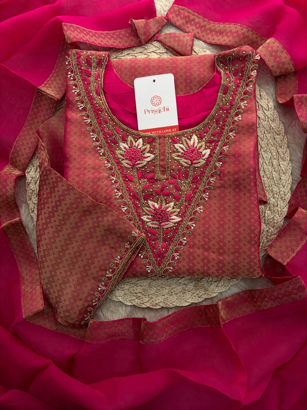 Magenta Pink Yoke Embroidered A-line Kurta Pant Set with a Dupatta for Women .